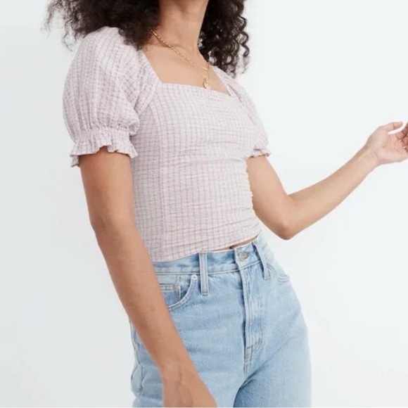 Madewell Tops - Madewell Blush Gingham Puff Sleeve Top XXS Smocked Cottagecore Blouse